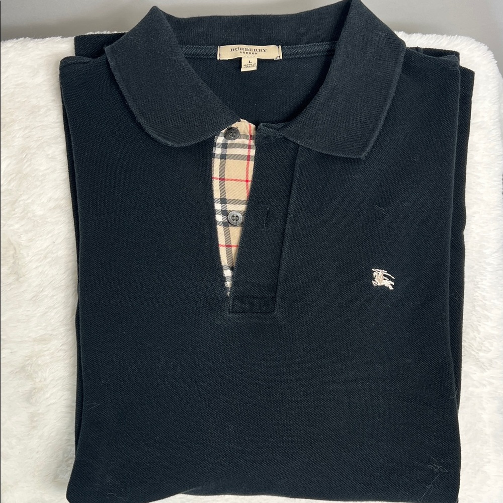 Burberry Black Polo Shirt with Check Detail size L